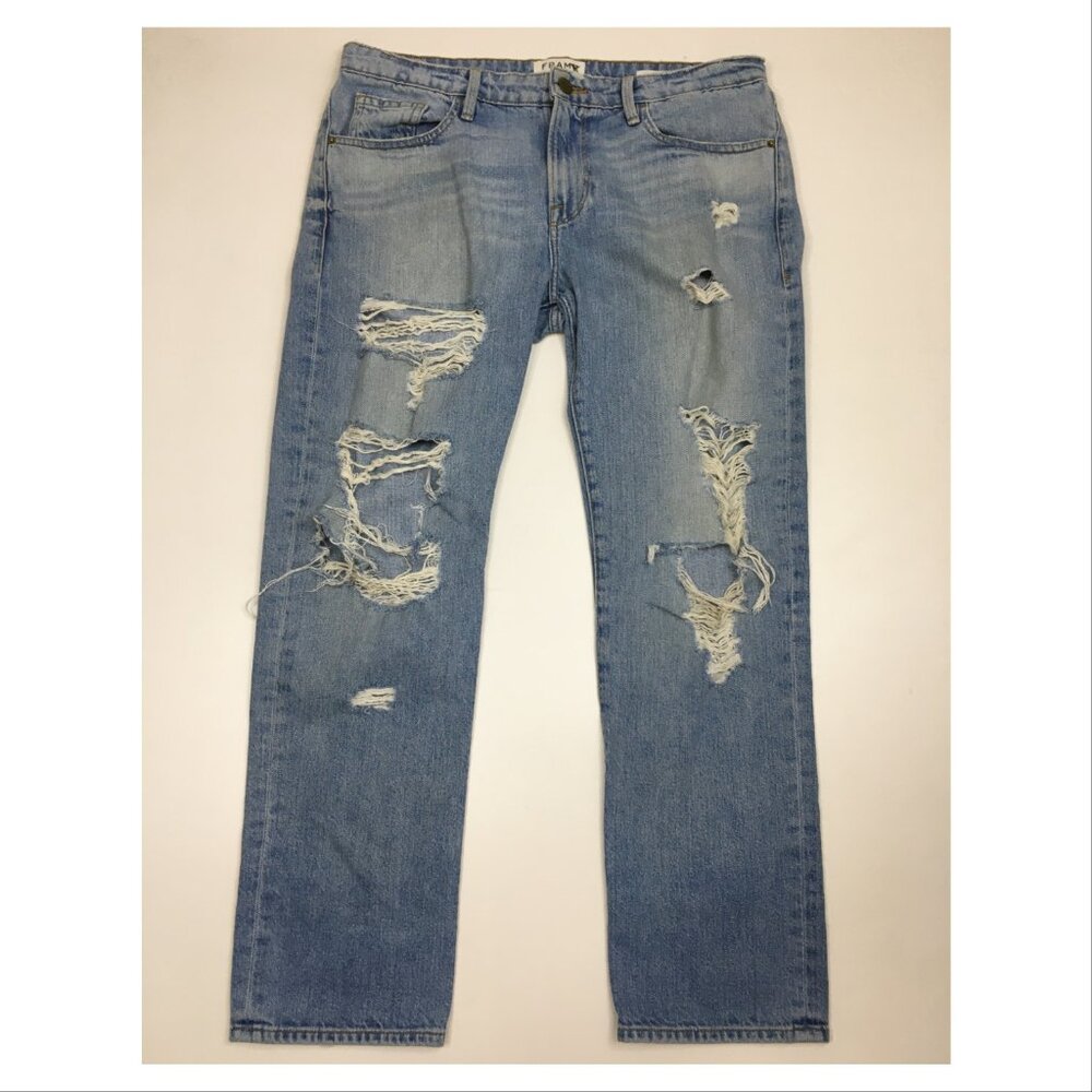 FRAME Denim Le Grand Garcon Richmond Wash Distressed 5Pocket Logo Hardware Jeans